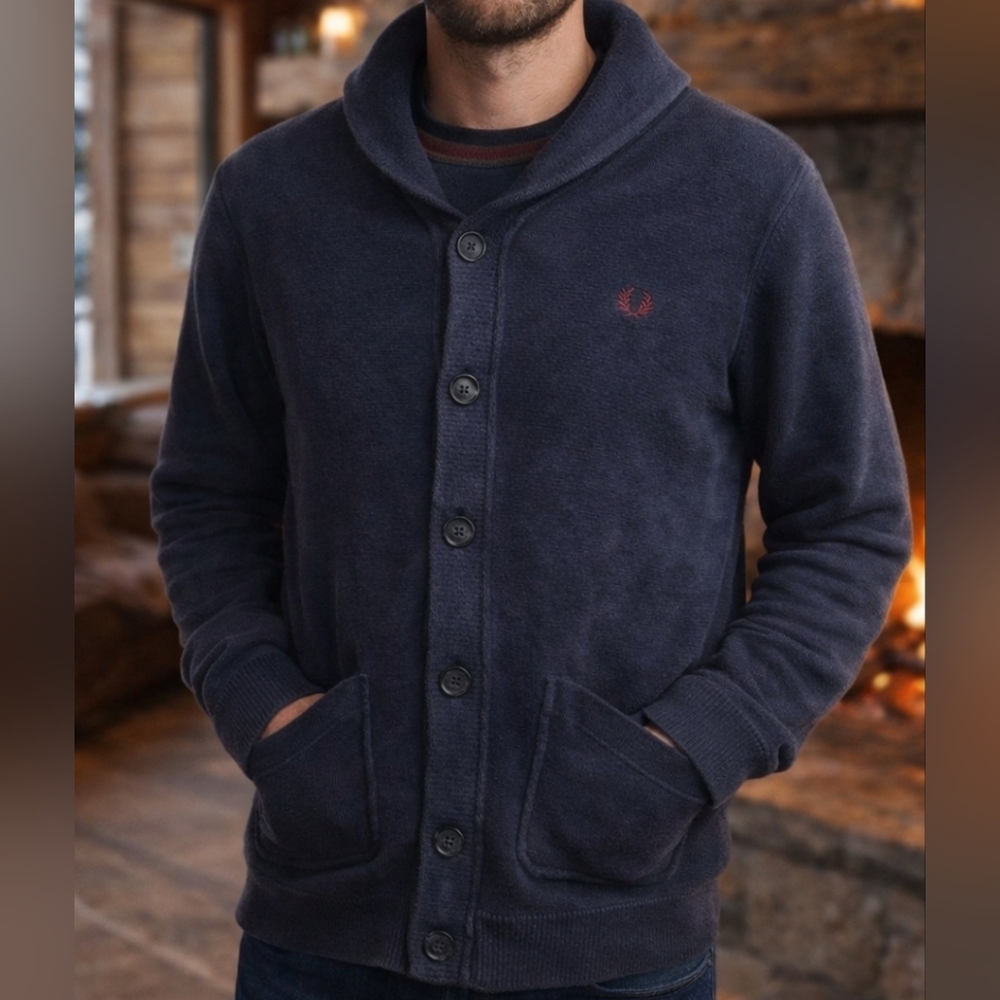 Fred Perry Navy Blue Cottagecore Preppy Grandpacore OldMoney Knit Cardigan Large